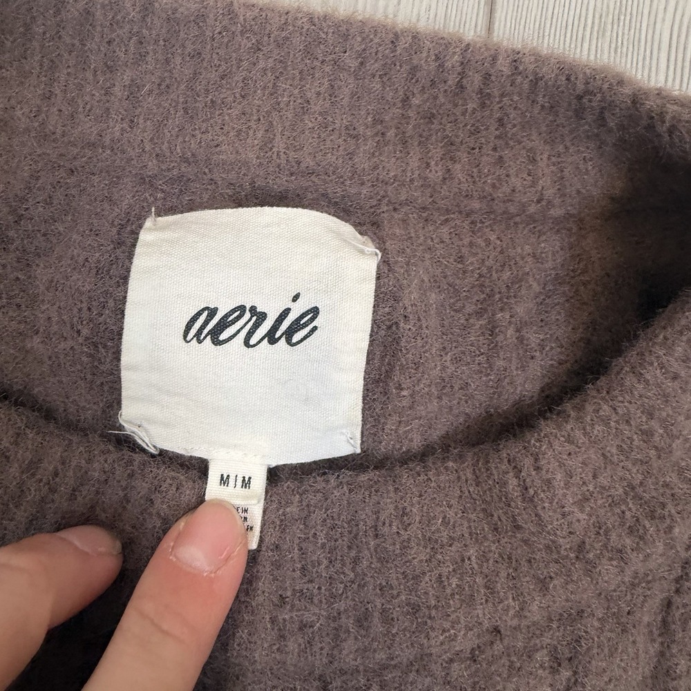Aerie Buttercream Fuzzy Crewneck Sweater Brown Medium Oversized Pullover - Picture 4 of 10